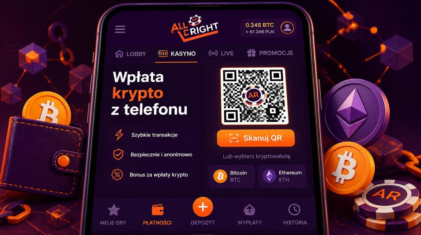  Grafika przedstawiająca mobilną wpłatę kryptowalutą przez portfel z kodem QR.
